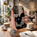 Husă mată pentru Samsung Galaxy A56 5G Pisici negre desenate Rezistentă și ultra subțire Fundal gri cu margini negre Protecție ridicată pentru cameră 3