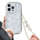 Husa transparentă pentru Samsung Galaxy A16 5G cu flori albastre și trandafiri, lănțișor cu perle pentru încheietura mâinii, margine ondulată, margine ridicată în jurul camerei foto 2