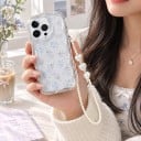 Husa transparentă pentru Samsung Galaxy A16 5G cu flori albastre și trandafiri, lănțișor cu perle pentru încheietura mâinii, margine ondulată, margine ridicată în jurul camerei foto 3
