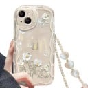 Husa transparentă pentru Samsung Galaxy A16 5G cu fluturi și flori albe, brățară din perle pentru încheietura mâinii, margine ondulată, margine ridicată pentru cameră 2