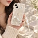 Husa transparentă pentru Samsung Galaxy A16 5G cu fluturi și flori albe, brățară din perle pentru încheietura mâinii, margine ondulată, margine ridicată pentru cameră 4