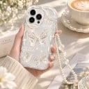 Husă transparentă pentru Samsung Galaxy A55 5G cu fluturi și șnur din perle pentru încheietura mâinii Margini ondulate cu striații Margină ridicată pentru cameră Husă rezistentă 3