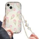 Husă transparentă pentru Samsung Galaxy A55 5G cu imprimeu de lalele în roz Lănțișor perlat cu inimioare Margini ondulate Margine ridicată în jurul camerei 4