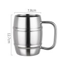 Iso teräksinen muki tynnyrimäinen muoto kahvalla 500 ml 7.8 × 12.7 cm ruostumattomasta teräksestä hopea kahvia teetä kotiin toimistoon 7