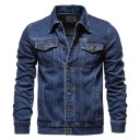 Jachetă bărbătească din denim cu mânecă lungă Palton clasic din denim Închidere cu nasturi Buzunare la piept Cusături matlasate Jachetă elegantă de tranziție 5