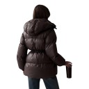 Jachetă de iarnă pentru femei, căptușită, cu glugă și șnur în talie, jachetă puffer lucioasă cu fermoar și capse, cu manșete elastice 2