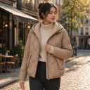 Jachetă de iarnă pentru femei cu glugă, jachetă scurtă, matlasată, cu fermoar, glugă tricotată, buzunare cu capse pentru iarnă 8