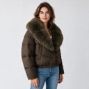 Jachetă de iarnă pentru femei, scurtă, cu guler gri-maro din blană naturală și tiv elastic, quilted, croi lejer 5