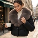 Jachetă de iarnă pentru femei, scurtă, cu guler gri-maro din blană naturală și tiv elastic, quilted, croi lejer 3