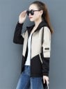 Jachetă de primăvară pentru femei cu fermoar Glugă cu șnururi Design sportiv bicolor Buzunare și patch pe mânecă Material poliester și bumbac 5