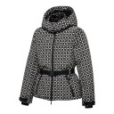 Jachetă de schi de iarnă pentru femei cu model geometric și glugă cu curea în talie cu fermoar și buzunare cu fermoar alb-negru pentru munte 1