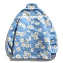 Jachetă din catifea cu fermoar și model floral Albastru deschis cu flori albe Guler înalt Două buzunare mari Căptușeală matlasată Poliester 2