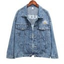Jachetă din denim pentru femei, croială liberă, margaretă brodată pe piept, mare motiv floral cu inscripție pe spate, buzunare pe piept 2