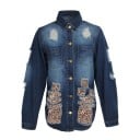 Jachetă din denim pentru femei, cu croială lungă și model leopard Efect rupt Două buzunare pe piept Margină rotunjită Denim 1