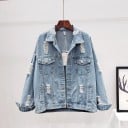 Jachetă din denim pentru femei cu imprimeu floral mare și pietricele strălucitoare pe spate Detalii distruse Albastru deschis Poliester și bumbac 2