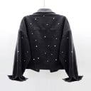 Jachetă din denim pentru femei cu perle Croială scurtă Denim negru din bumbac Guler clasic Buzunare pe piept cu clapă Închidere cu nasturi 2