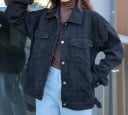 Jachetă din denim pentru femei neagră Croi liber cu umeri lăsați Guler de cămașă Buzunare pe piept și pe laterale Nasturi metalici Poliester 2