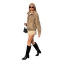 Jachetă din piele întoarsă pentru femei cu guler și buzunare pe piept cu clapă, cu epauleți și tiv elastic oversize pentru toamnă 7