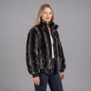 Jachetă fleece pentru femei cu guler înalt și fermoar, jachetă neagră pufoasă cu model ondulat gri și manșete și tiv ribbed 2