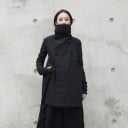 Jachetă lungă asimetrică pentru femei cu guler înalt Croială liberă stratificată cu partea de jos căptușită și spate prelungit Bumbac negru 5
