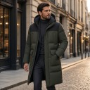 Jachetă lungă de iarnă pentru bărbați, din puf, cu glugă și guler înalt, parka căptușită cu fermoar, cu clapetă și buzunare mari 6