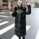 Jachetă lungă de iarnă pentru femei, lucioasă, cu blană pe glugă, croială matlasată sub genunchi, guler înalt, buzunare laterale, umplutură 1