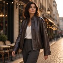 Jachetă oversize pentru femei cu guler înalt și închidere dublă cu nasturi, epauleți și curele la mâneci, jachetă scurtă pentru oraș 8