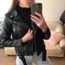 Jachetă pentru femei din piele artificială neagră Croi scurt și ajustat Curea cu cataramă Fermoar metalic asimetric Capse pe guler Fermoare 3