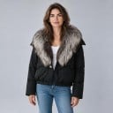 Jachetă scurtă de iarnă pentru femei din puf cu guler argintiu din blană naturală, cusută cu tiv elastic și mâneci lungi 2