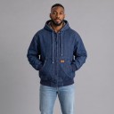 Jachetă scurtă din denim pentru bărbați cu glugă și fermoar, cu șnur de ajustare și buzunare frontale cu manșete și tiv din tricot 5