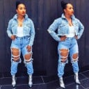 Jachetă scurtă din denim pentru femei cu ținte argintii Margine inferioară desfăcută Mâneci lungi Buzunare pe piept Bumbac și poliester Albastru 2