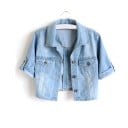 Jachetă scurtă din denim pentru femei, guler clasic de cămașă, închidere cu nasturi, două buzunare pe piept cu clapetă, mâneci 2