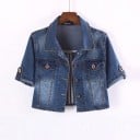 Jachetă scurtă din denim pentru femei, guler clasic de cămașă, închidere cu nasturi, două buzunare pe piept cu clapetă, mâneci 1