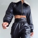 Jachetă scurtă pentru femei din piele artificială neagră cu guler din blană albă Închidere cu fermoar Tiv elastic la talie Manșete ribbate Mâneci 3