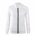 Jaqueta bomber feminina de primavera e outono com mangas de renda transparentes Fecho de correr Gola alta Corte justo Poliéster e renda 5