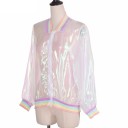 Jaqueta bomber feminina leve e transparente com brilho perolado iridescente Fecho com zip Gola, punhos e bainha em riscas pastel de malha 11