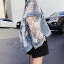 Jaqueta de ganga feminina com partes transparentes e bordado floral Mangas e costas em rede Bordas desfiadas Corte oversized Poliéster e spandex 6