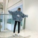 Jaqueta de ganga oversized feminina com detalhes rasgados Grande corte nas costas Mangas largas Efeito desbotado Azul Poliéster com algodão 4