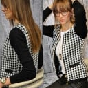 Jaqueta de primavera feminina com padrão de pé de galinha Preto e Branco com mangas pretas Corte ajustado Decote redondo Fecho de correr e dois 4