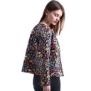 Jaqueta feminina para a primavera e outono com padrão floral colorido sobre fundo preto Sem colarinho Riscas decorativas com ornamentos Algodão 2