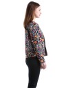 Jaqueta feminina para a primavera e outono com padrão floral colorido sobre fundo preto Sem colarinho Riscas decorativas com ornamentos Algodão 4