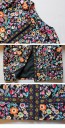 Jaqueta feminina para a primavera e outono com padrão floral colorido sobre fundo preto Sem colarinho Riscas decorativas com ornamentos Algodão 8