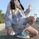 Jaqueta oversized feminina com capuz Design bicolor em azul claro e creme Zíper e botões de pressão Punhos elásticos Poliéster com algodão 4