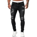 Jeans bărbați negri rupți skinny cu buzunare, denim, talie joasă 3