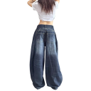 Jeans da donna blu Taglio ampio Tasche Cotone Poliestere Pantaloni casual comodi Pantaloni larghi Stile casual moderno per l'uso quotidiano 2