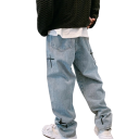 Jeans da uomo blu con stampa di stelle, vita bassa, larghi, con tasche, poliestere, cotone 4
