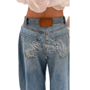 Jeans de mujer azul con estampado en la parte trasera Corte holgado Bolsillos Algodón Poliéster Pantalones cómodos de estilo casual Estilo urbano moderno 4