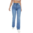 Jeans femininos azuis de cintura alta com bolsos em algodão, poliéster e spandex, elásticos, corte confortável, calças casuais modernas para uso diário 4