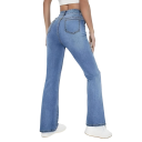 Jeans femininos azuis de cintura alta com bolsos em algodão, poliéster e spandex, elásticos, corte confortável, calças casuais modernas 3