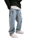 Jeans masculinos azuis com estampado de estrelas, de cintura baixa, largos, com bolsos, poliéster, algodão 3